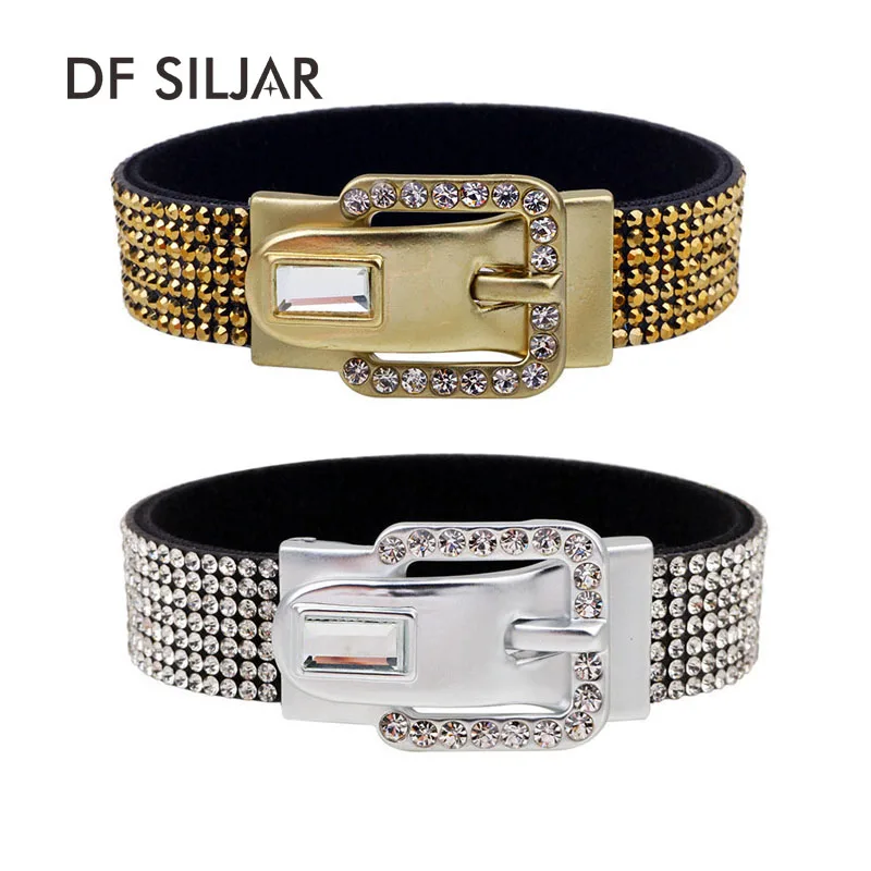 

Fashion Gold Silver Shine Crystal Bracelet For Women Leather Bracelets Bangles Wide Punk Wedding Party Bracelets QNW2184