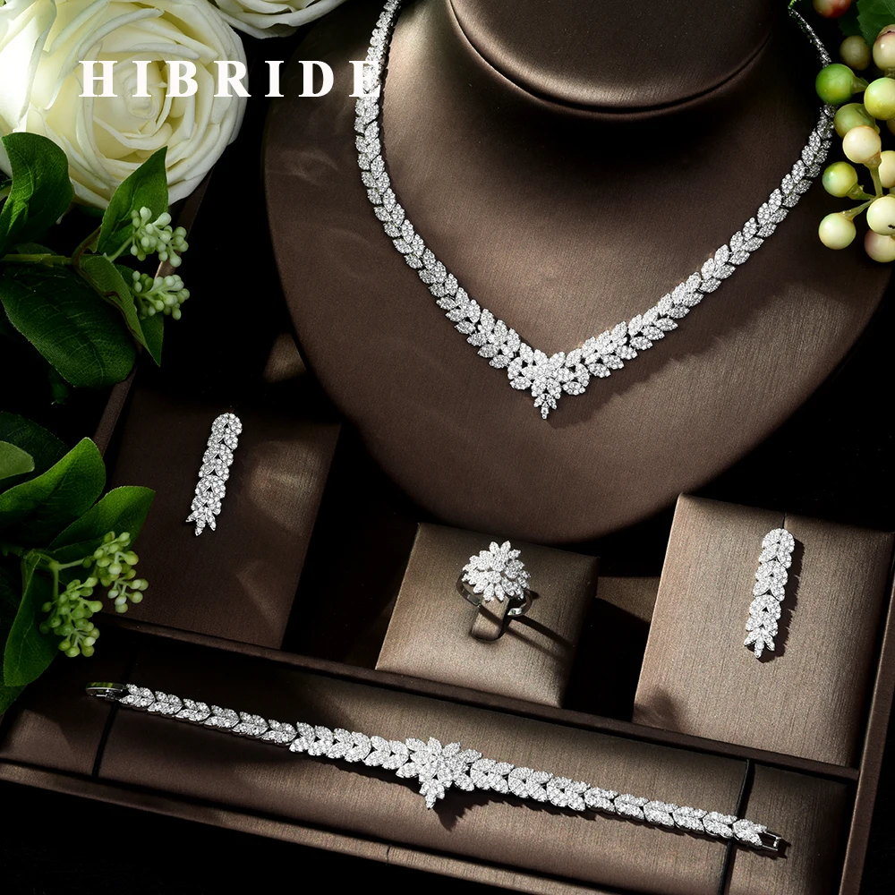 

HIBRIDE Vintage Zircon Jewelry Set Shining Cubic Stone Big Bridal Wedding and Anniversary 4pcs Necklace Jewelry Set N-178