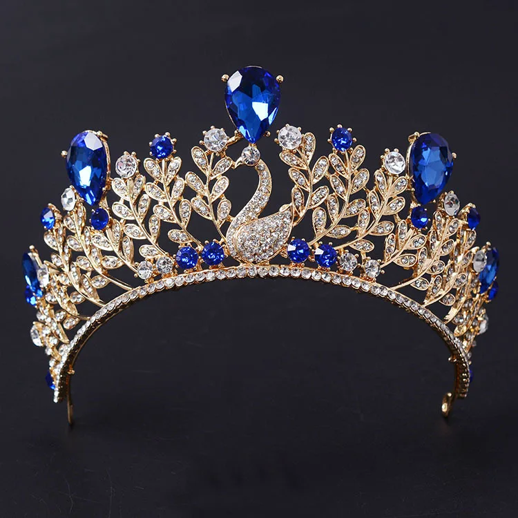 

Sparkling Clear Austrian Crystal Luxurious Quinceanera Swan Olive Branch Design Blue Rhinestones Crown Wedding hair Accessories