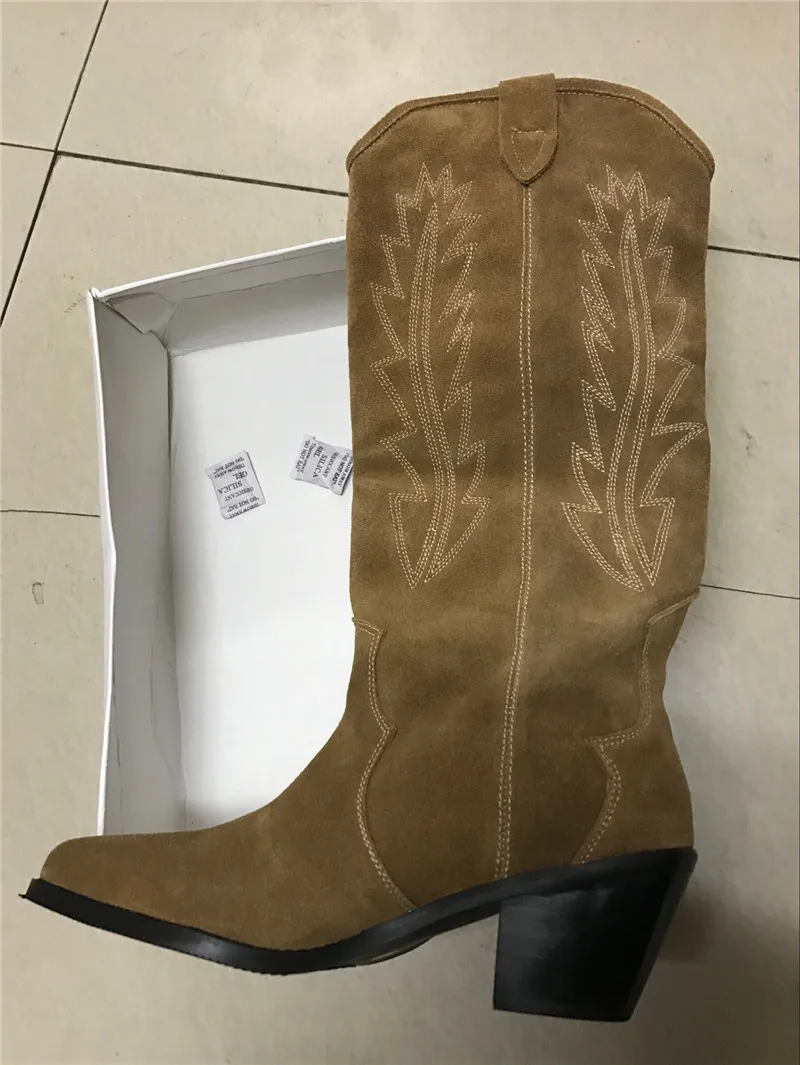 Женские сапоги до колена в стиле ретро kidsuede вышивка листьями заостренный носок