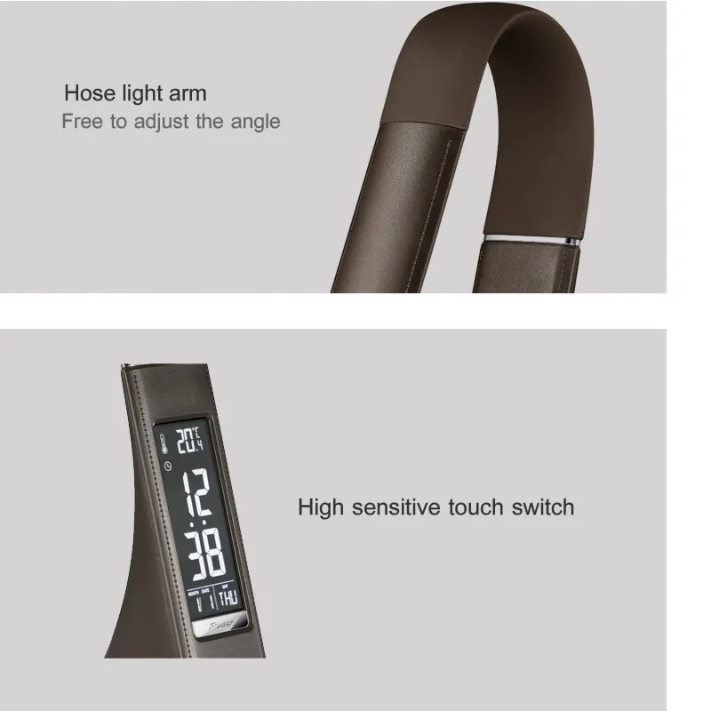 Billige Kreative Business LED Schreibtisch Lampe 3 Modus Lichter Leder Textur Folding Lesebrille Tisch Lampe Mit Wecker Kalender LCD Display