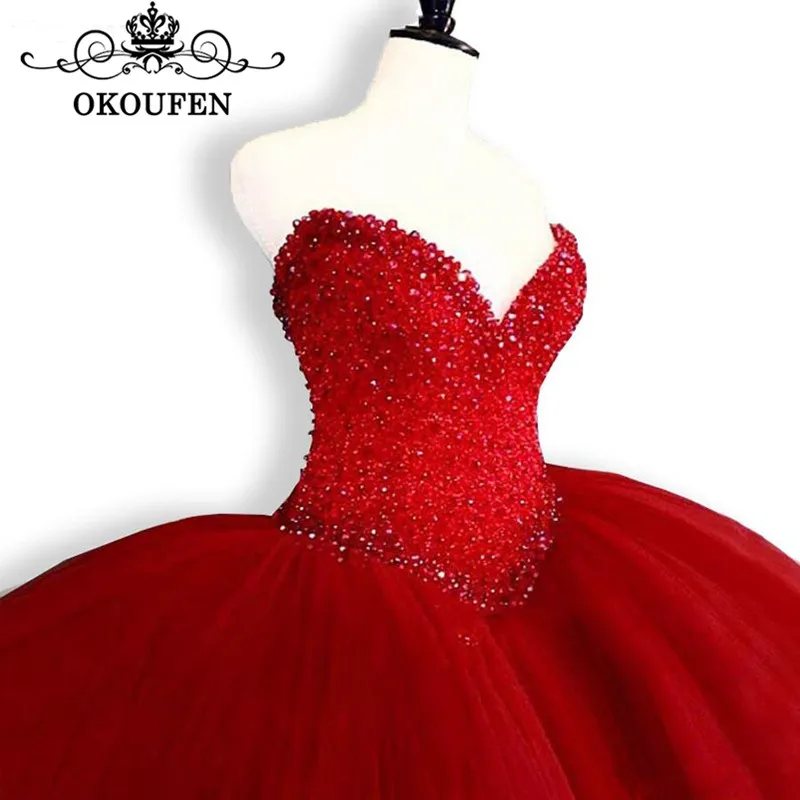 Красный Великолепная красное платье Quinceanera сложный отделочный хрусталь бальное платье Длинные платье на выпускной в языческом стиле для платья для девочек De 15 Anos - Цвет: Красный