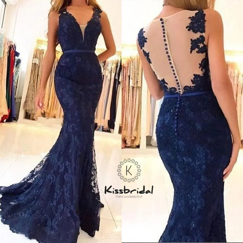 Navy Blue Lace Prom Dress