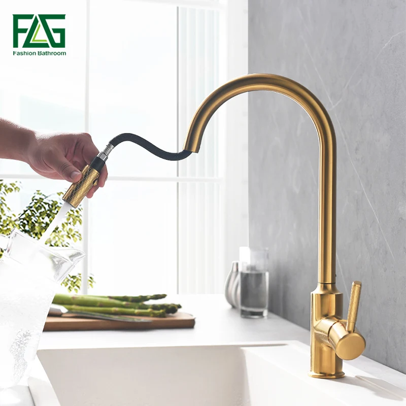 Swivel Spout Brushed Gold Bathroom Basin Kitchen Sink Mixer Faucet 1 Handle Taps 