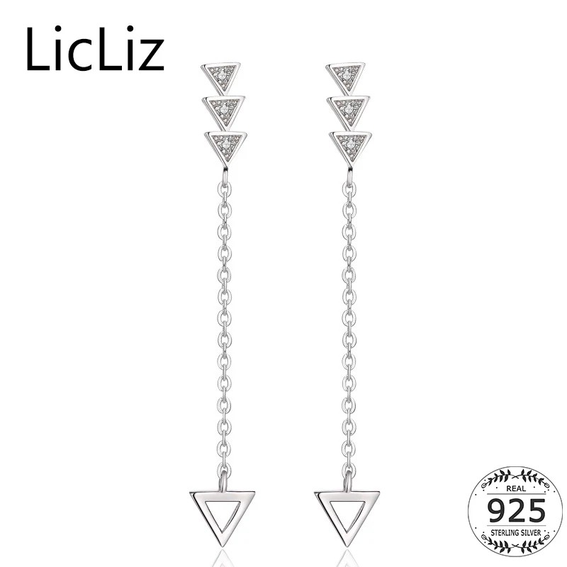 Женские серьги подвески LicLiz 925 пробы с серебряными треугольниками и длинной