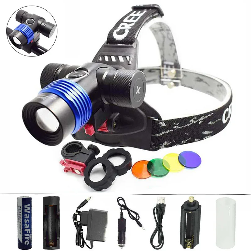 buy Zoom Bike Light XML T6 LED Headlamp Adjustable Focus Headlight +18650 Battery +AC Car USB Chargers +Red Green Blue Yellow Filter