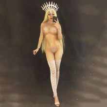 Женский сексуальный сценический голый комбинезон для певицы сверкающие кристаллы ночной клуб вечерние Одежда для сцены костюм для праздника Одежда для дня рождения