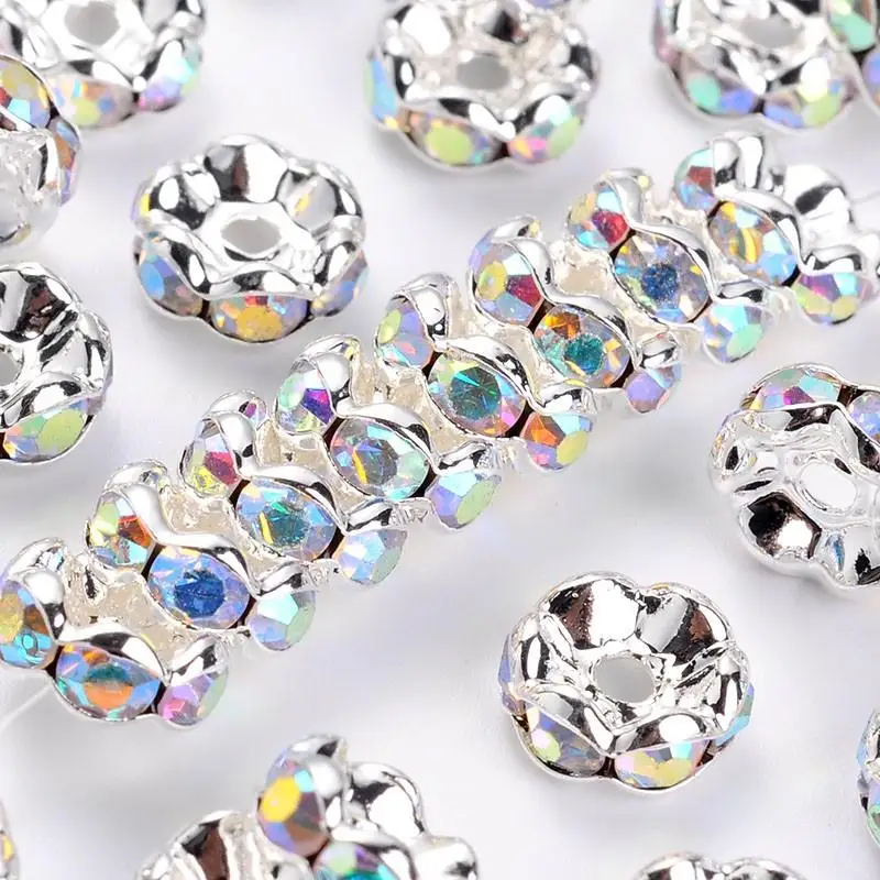100pc 8mm AB Color Crystal Brass Rhinestone Spacer Beads Grade A for