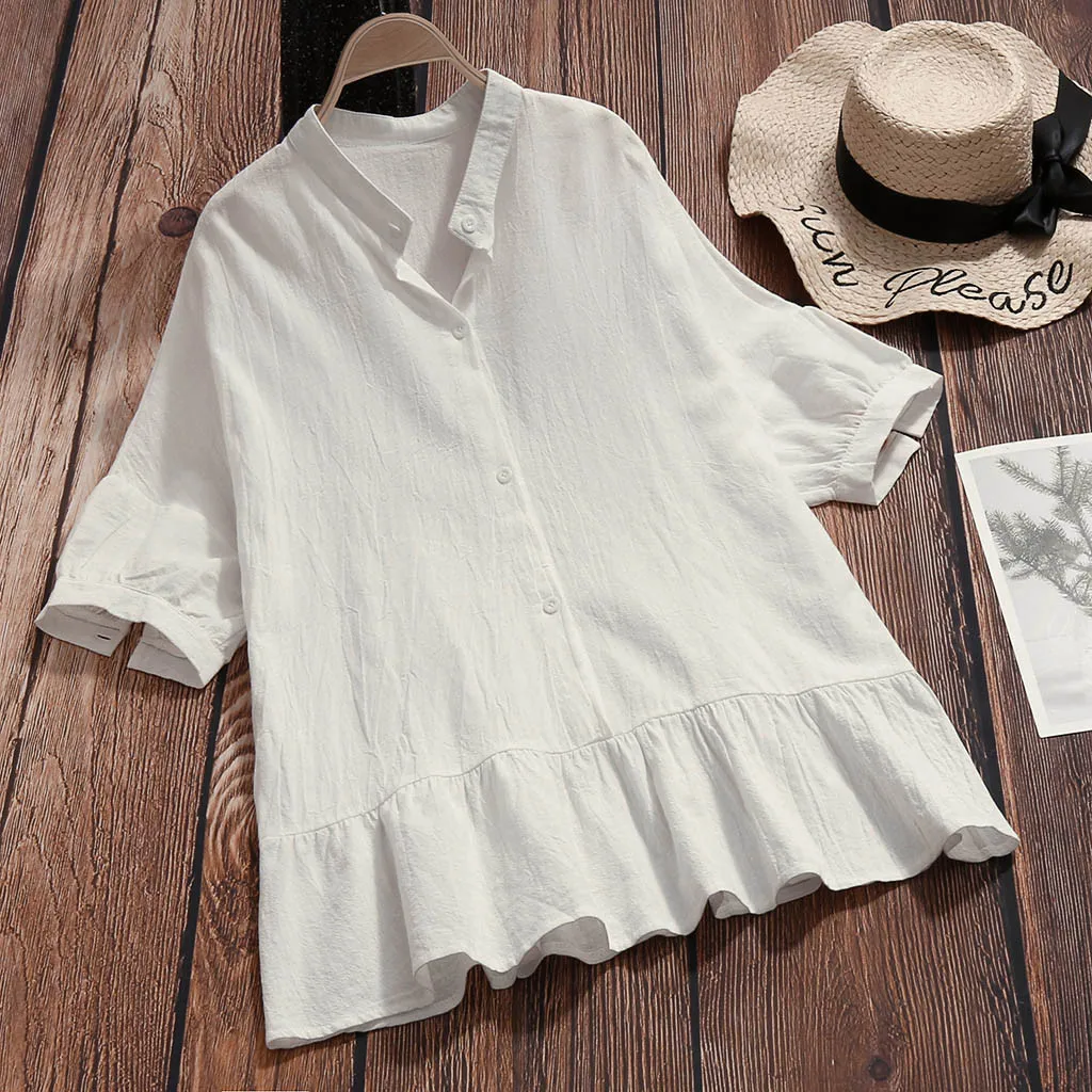 

Women Tshirt Casual Short Sleeve Summer Tees Tops Flared Button Solid Cotton Linen Top Beach T Shirt Womenn tops mujer verano