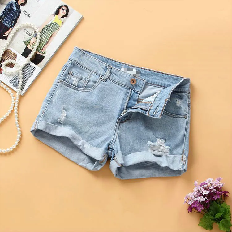 

Summer women fashion straight style water wash hem-rolled up ripped denim shorts female trendy color mid waist casual bottom