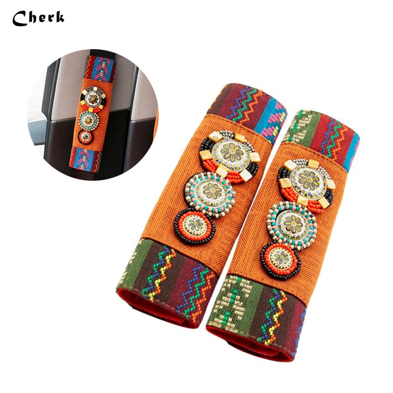 

2PCS Bohemia Seat Safety Belt Cover Pads For Cars Strap Soft Shoulder Protection Decoration National Style Folk Custom Covers