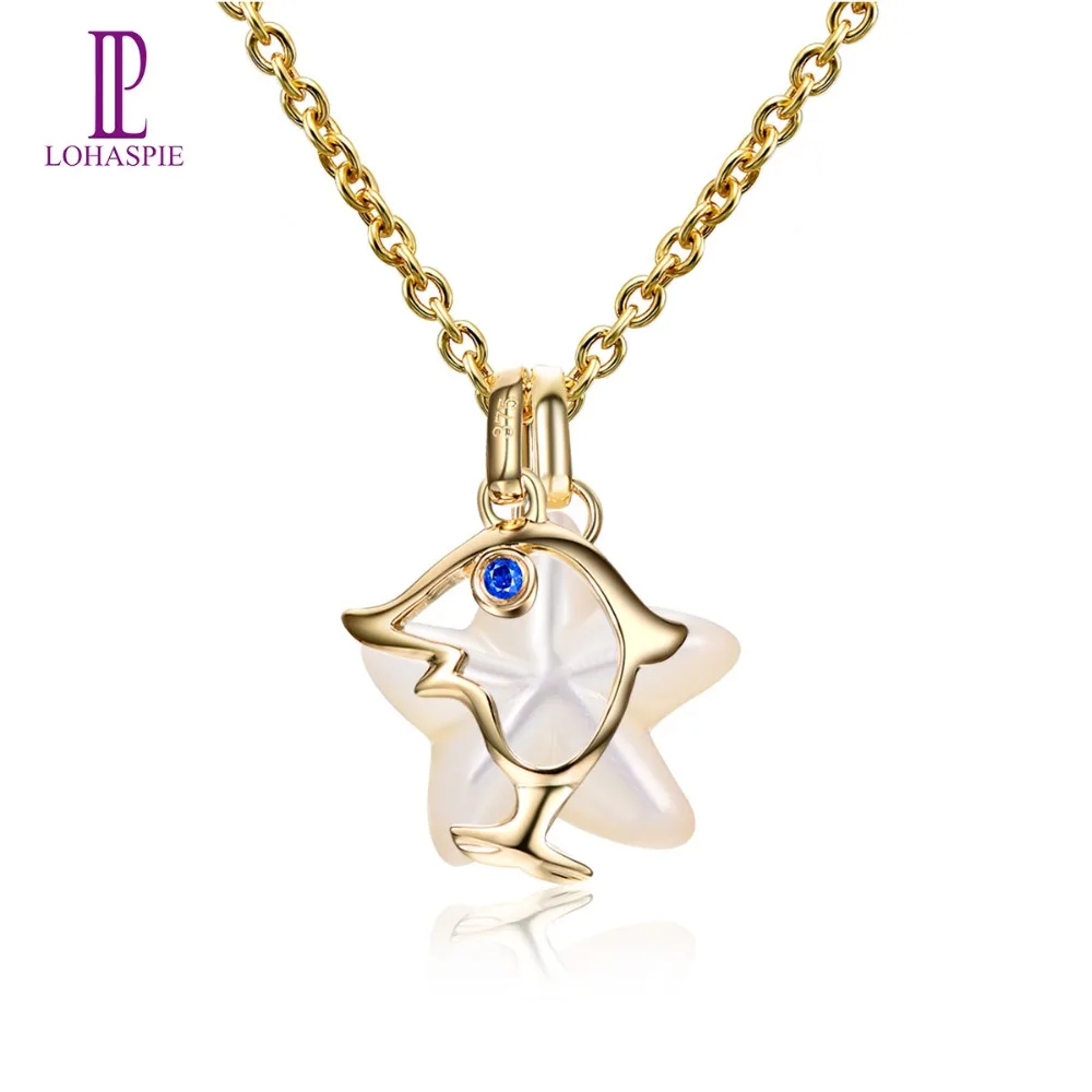 

LP Ocean Party Natural Sapphire Pendant Solid 9k Yellow Gold Mother of Pearl Star Fish Fine Animal Stone Jewelry Gift New