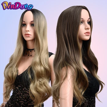 

DinDong Long Curly Wig 24 inch Ombre Brown Wavy Wigs Synthetic Wig for Women Natural Middle Part Heat Resistant Hair