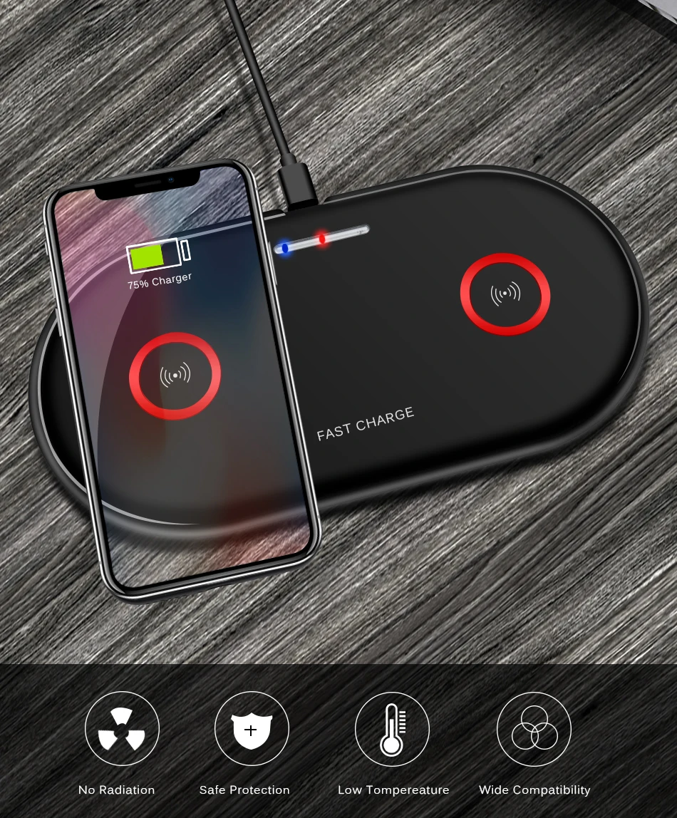 Double Seat Wireless Charger Pad 5W & 10W Fast Charging for iPhone 7.5W 8 X Samsung Charge Mobile Phone QI Device CinkeyPro 1
