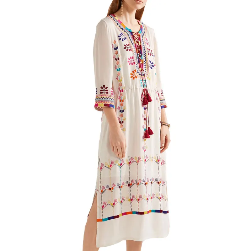 Bohemian Ethnic Gypsy Style Floral Embroidery long Dress Tassel Split