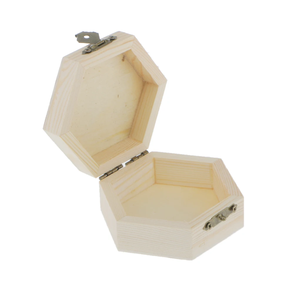 Vintage Unpainted Plain Hexagonal Rectangular Wooden Cabinet Jewelry Gift Box Trinket Chest Storage Case