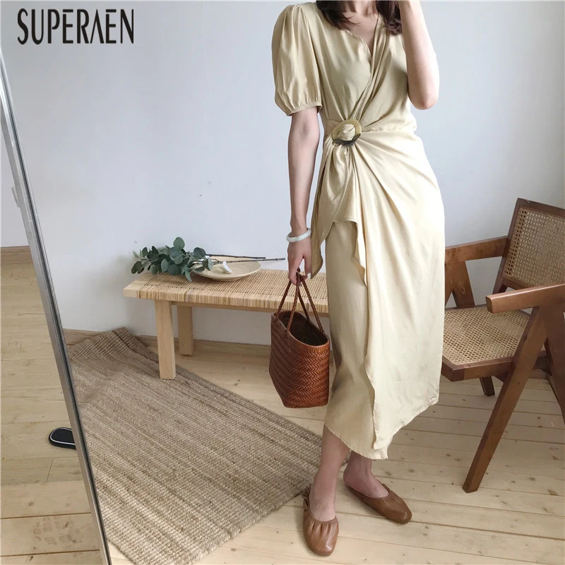 

SuperAen 2019 New Summer Fashion Women Dress Cotton Solid Color Casual Ladies Dress Temperament Short Sleeve Women Clothing