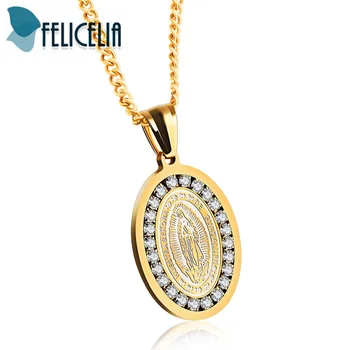 

Felicelia Silver/ Gold Tone Stainless Steel Cubic Zirconia Our Lady of Guadalupe Virgin Mary Oval Medal Necklace For Men Women