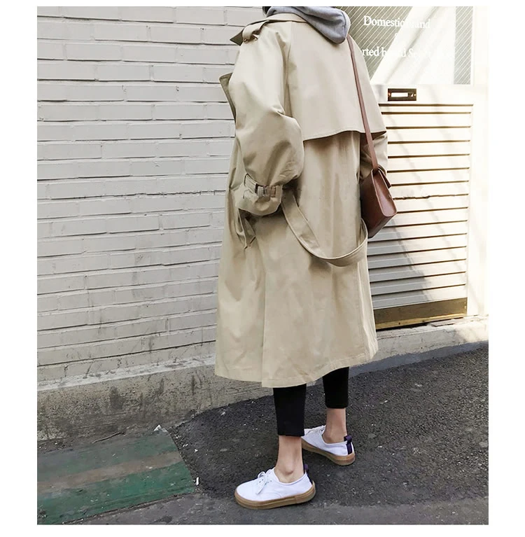 Korean Style Side Split Women's Trench Coat Autumn Winter Double Breasted Khaki Sahses Loose Trench Overcoat Windbreaker