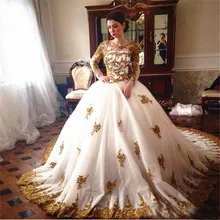 Sparkly Gold Applique Ball Gown Wedding Dresses Luxury O Neck Long Sleeves Chapel Train Bridal Gown Hochzeitskleid