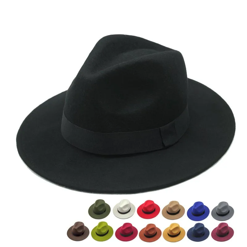 Vintage Classic Felt Jazz Fedoras Hats Large Brim Cloche Cowboy Panama for Women Men Black Red Trilby Derby Bowler & Top Hat