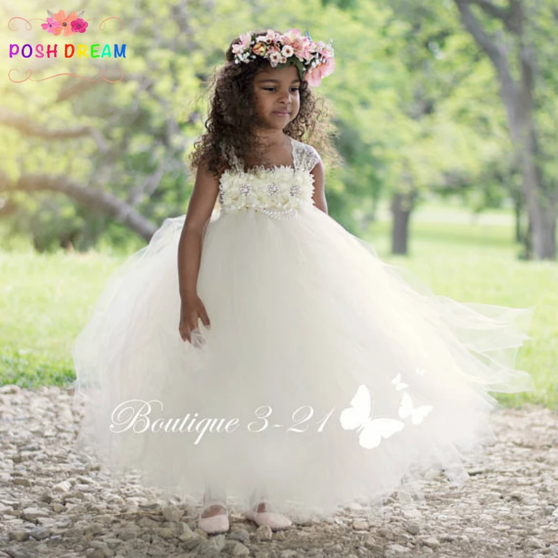 

POSH DREAM Beige Shabby Flower Girl Dress Lace Shoulder Straps Christmas Costume for Girls Children Girl Carnival Costume Dress