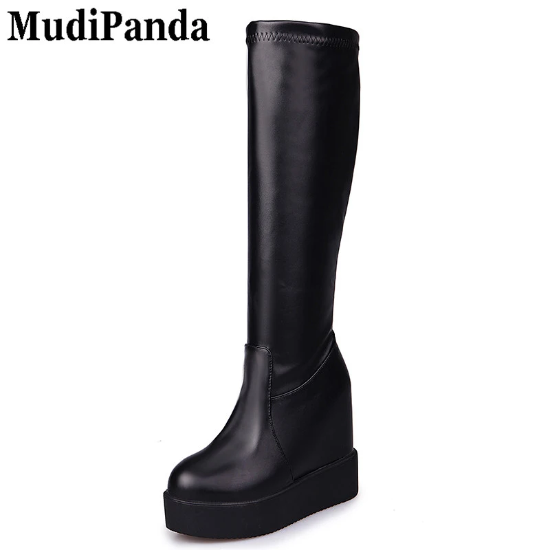 

MudiPanda Women Boots Female Ladies Platform Black Knee High Heel Plush Warm Fabric Solid Winter Boots chaussure platforme femme