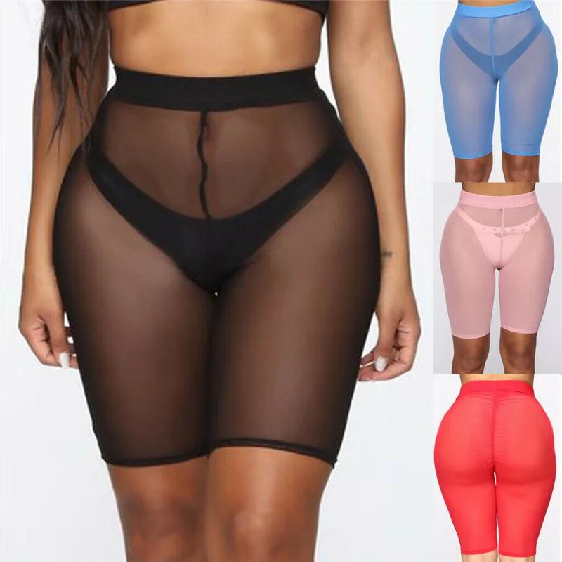 

2019 Hot Mesh Shorts Sexy Women See-through Beach Swimwear Cover Ups New High Waist Pure Color Bikini Cover Ups Bathing Shorts