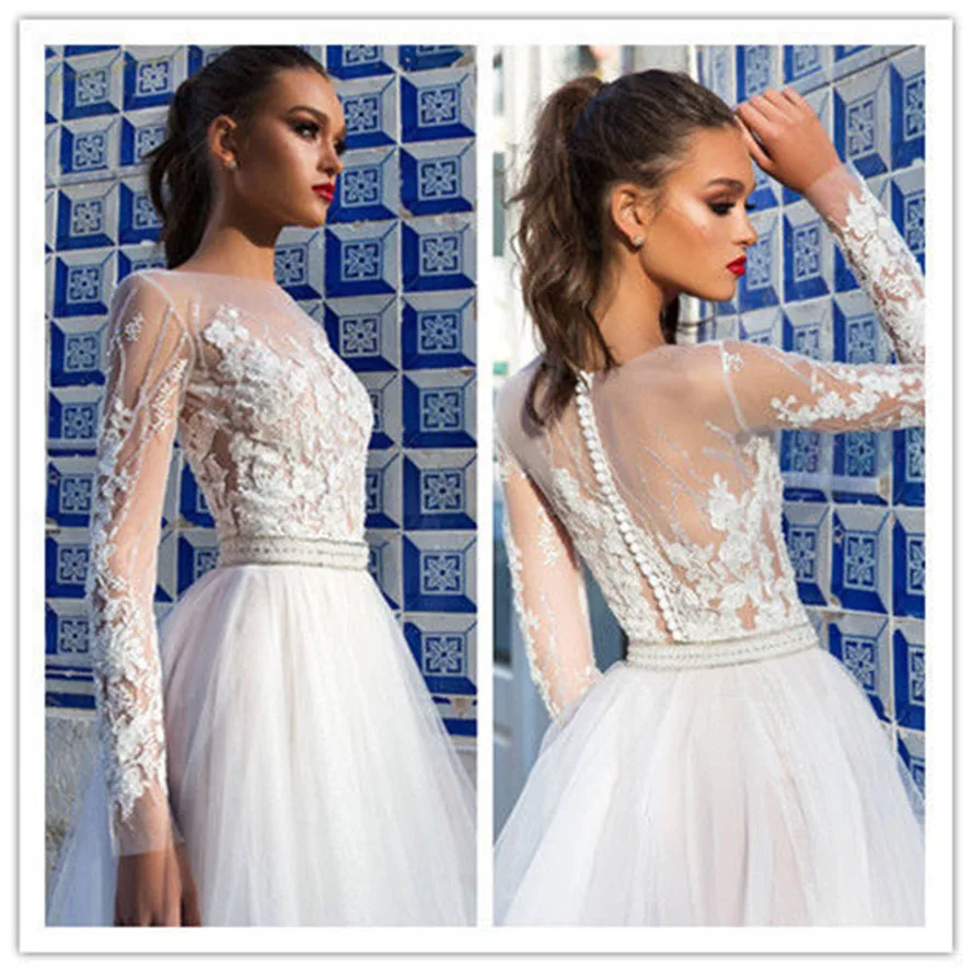 

2019 Handmade Wedding Boleros Long Sleeve Lace Scoop Neck Bride jackets Shawl Wrap White Ivory Color Custom