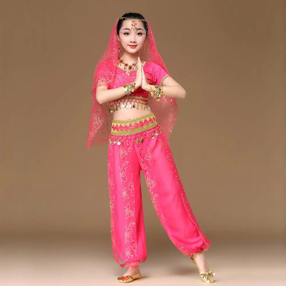 Сари танцевальная одежда дети индийский наряды болливудская одежда детский набор костюма для танца живота 4 шт.(Топ пояс брюки вуаль - Цвет: Fuchsia