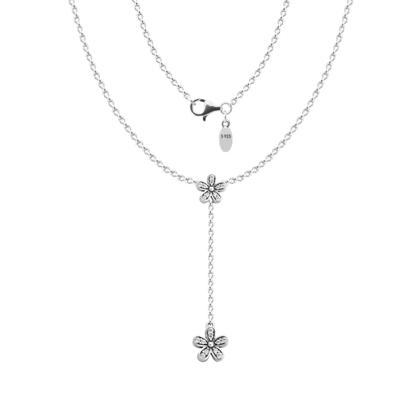 

Authentic 925 Sterling Silver Dazzling Flower Necklaces for Women Clear CZ Chain Pendant Necklace bijoux femme Wholesale