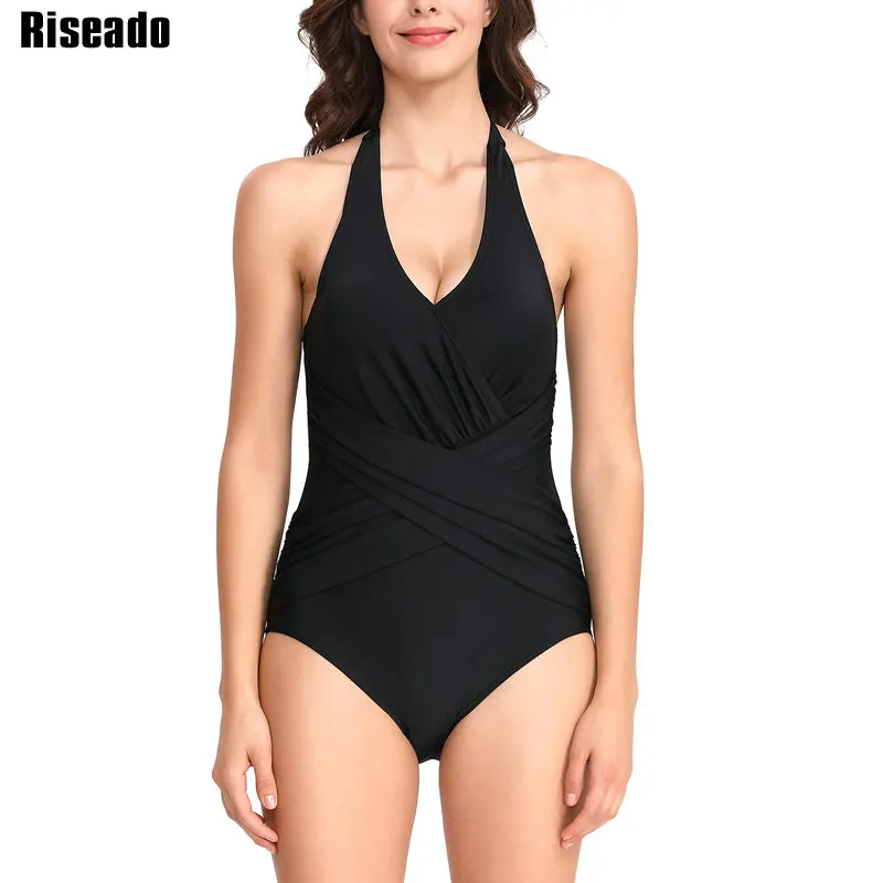 

Riseado Solid One Piece Swimsuits Sexy Halter Swimwear Women Wrap Deep V Swimsuits Push Up Bathing Suits New 2019 Beachwear
