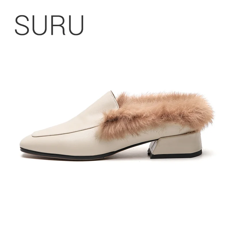 

SURU Ladies Leather Furry Loafers Shoes Squrare toe Women's Rabbit Hair Low Block Heel Slippers For Winter Autumn