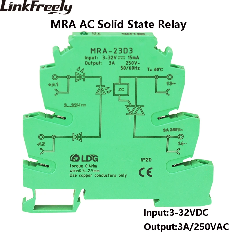 

MRA-23D3 Innovative Mini 6.2mm 3A Input: 3V 5V 12V 24V 32V DC Solid State Relay DIN Rail Interface SSR Relay Switch Module