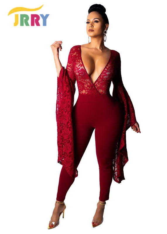 

JRRY Sexy Woman Jumpsuit Solid Deep V Neck Flare Sleeve Lace Hollow Out
