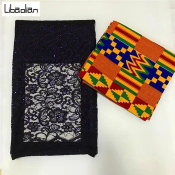 

2.5yards high quality Sequins net lace +3yards anakra wax fabric 100%Cotton Swiss Voile net Lace African Lace Material X97-5