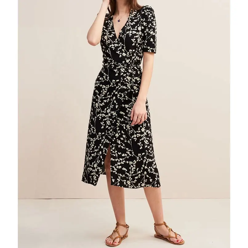 

2019 Summer Women White Plum Blossom Print Black Wrap Dresses Ladies Side Split Midi Dress Robe Longue Femme