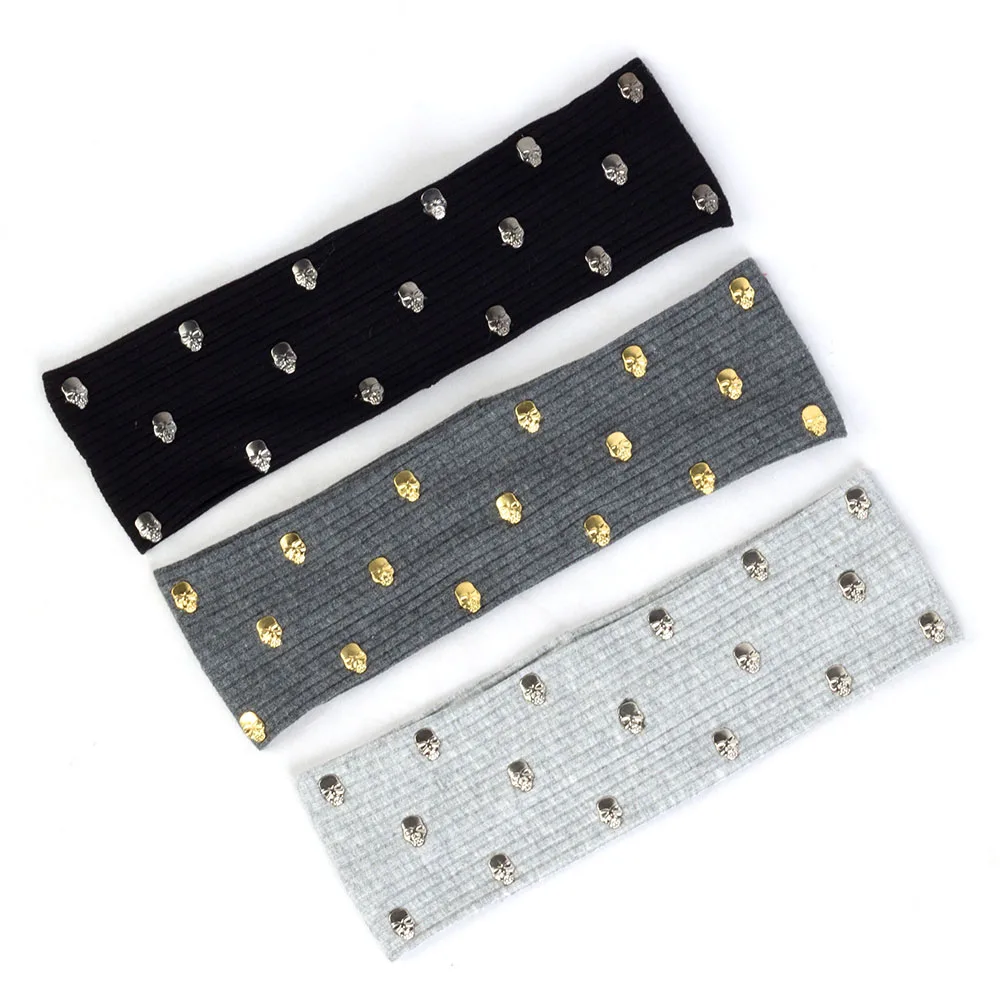 

Fashion Skull Hair Accessories Women Ribbed Elastic Flat Hairband Solid Boho Headband Girl Headwear Female Striped Turban Wraps