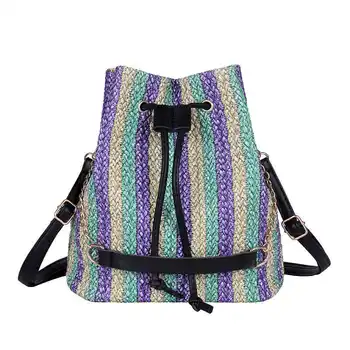 

Summer Women Straw Bag Handbag Small Bucket Messenger Bag Striped Shoulder Bag