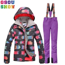 GSOU Зимний лыжный костюм Женская лыжная куртка+ лыжные штаны, комплект, открытый горный лыжный костюм, сноуборд, водонепроницаемая ветрозащитная одежда