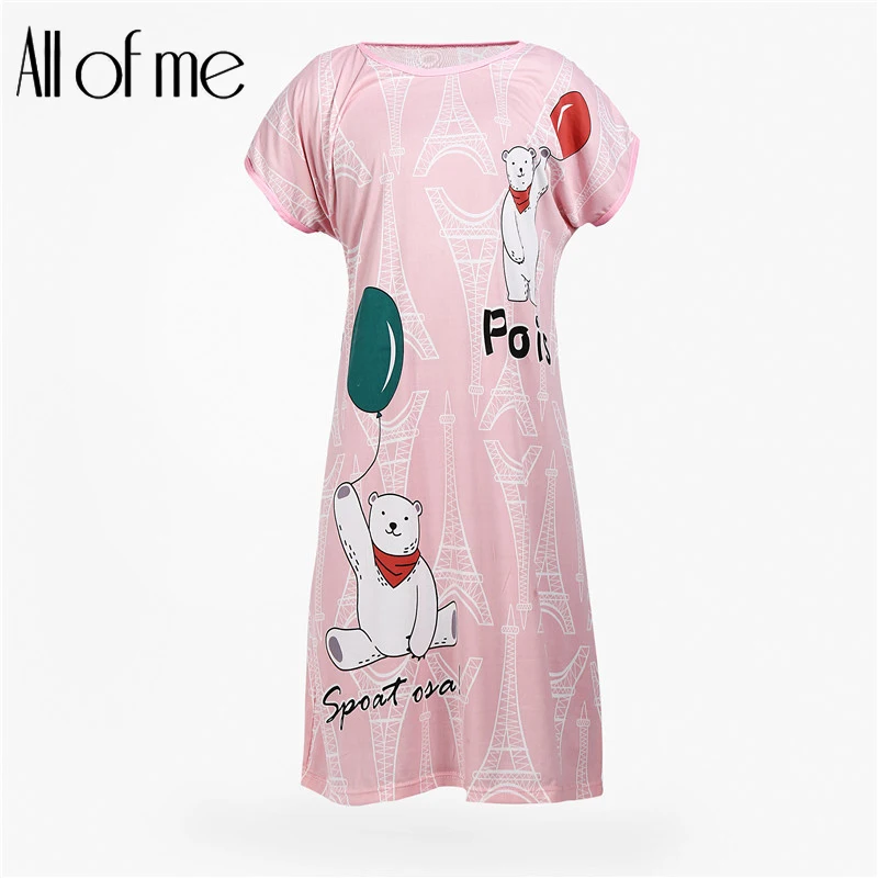 

Short Sleeve Round Neck Sleepwear For Women 2 Colors Cartoon Partern High Quality Nightdress Female Lingerie Sleeping Clothes