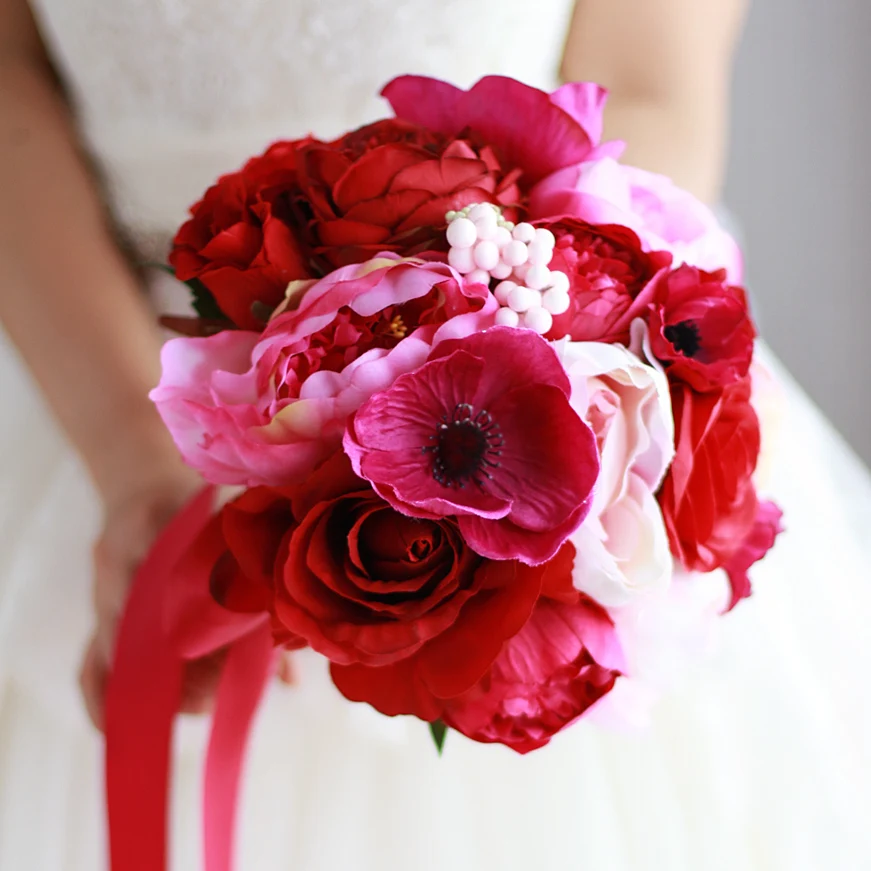 410 Bouquet De Roses Et De Pivoines Rouges Décoration De Fleurs De Mariage De Mariée Artificielle Rose Demoiselle Dhonneur Vin De Mariée Bouquets