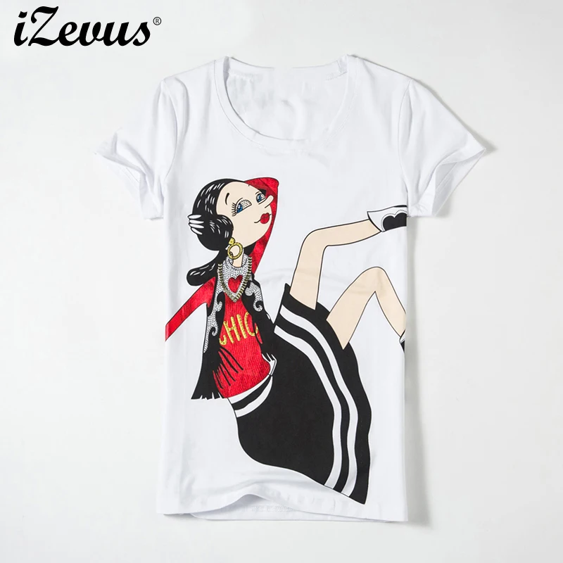 IZEVUS Women’s Fashion Preppy School Style Casual Beading Cartoon Girl’s Skirt Print Short Sleeve O Neck Ladies T Shirts Top Tee
