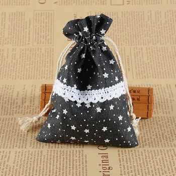 

Black White Star Pattern Cotton Jute Bag 50pcs 10x14cm Lace Drawstring Gift Bag Wedding Charms Jewelry Packaging Linen Bags
