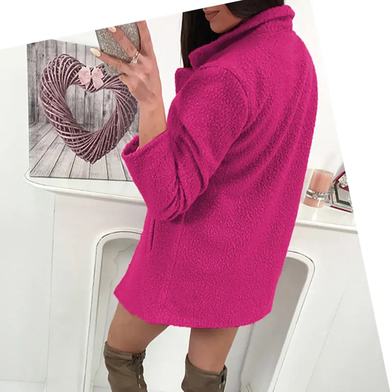 Women Winter Woolen Coat Autumn Casual Solid Color Long Sleeve Pocket Single-Breasted Suit Collar Pink Long Coat Abrigos Fashion (18)