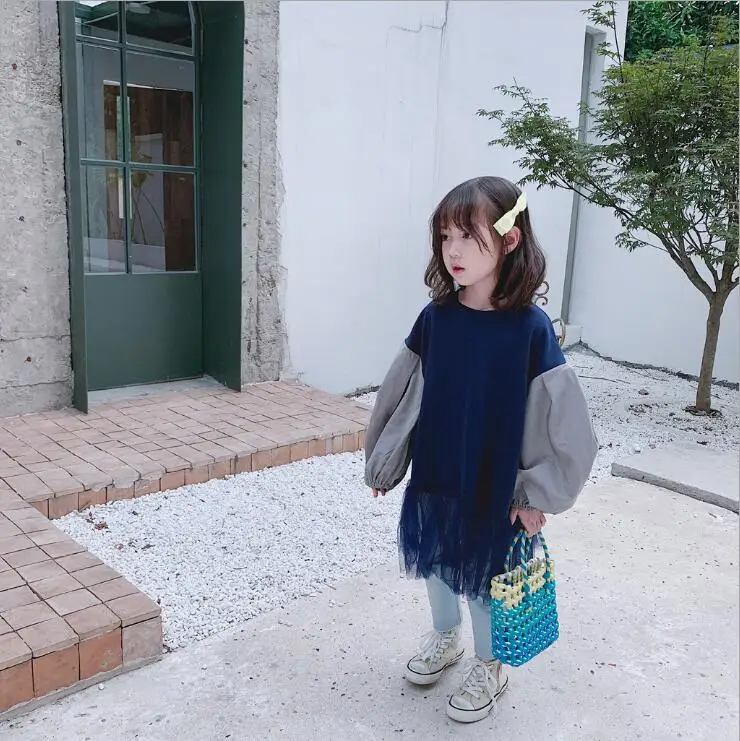

2019 korean style baby girls patchwork dress fashion full sleeve autumn girls dresses 2-8 years