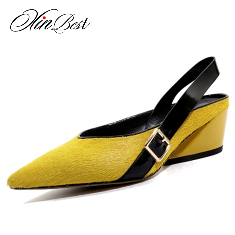 

Xinbest Horsehair Women Heels Pointed Toe Buckle Pumps Shoes Women Strange Stryle Leopard Yellow Ankle Strap Summer Shoes Women