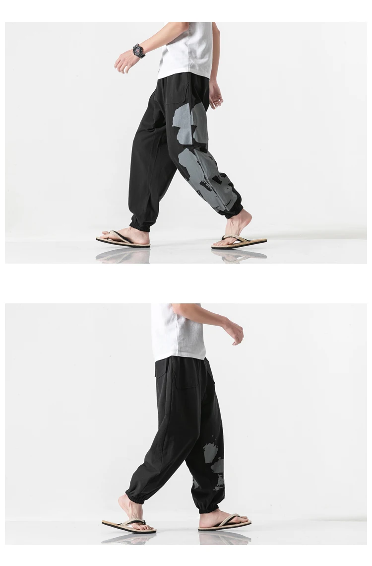 Мужские шаровары для йоги, хлопковые льняные широкие брюки для мужчин, хип-хоп, большие размеры, черные брюки бохо, одежда в японском стиле