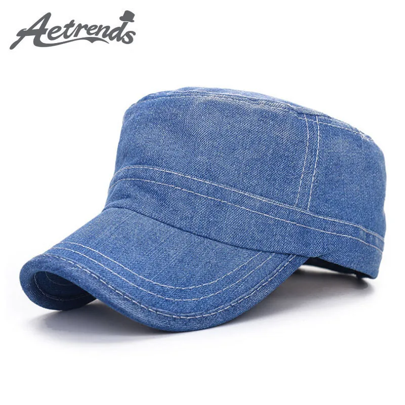 [AETRENDS] 2017 Blue Denim Flat Hats Men or Women Military Caps Z 5324