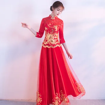 

Traditional Oriental Lady Qipao Red Elegant Lace Long Cheongsam Embroidery Floral Chinese Anceint Bride Wedding Dress XS-3XL